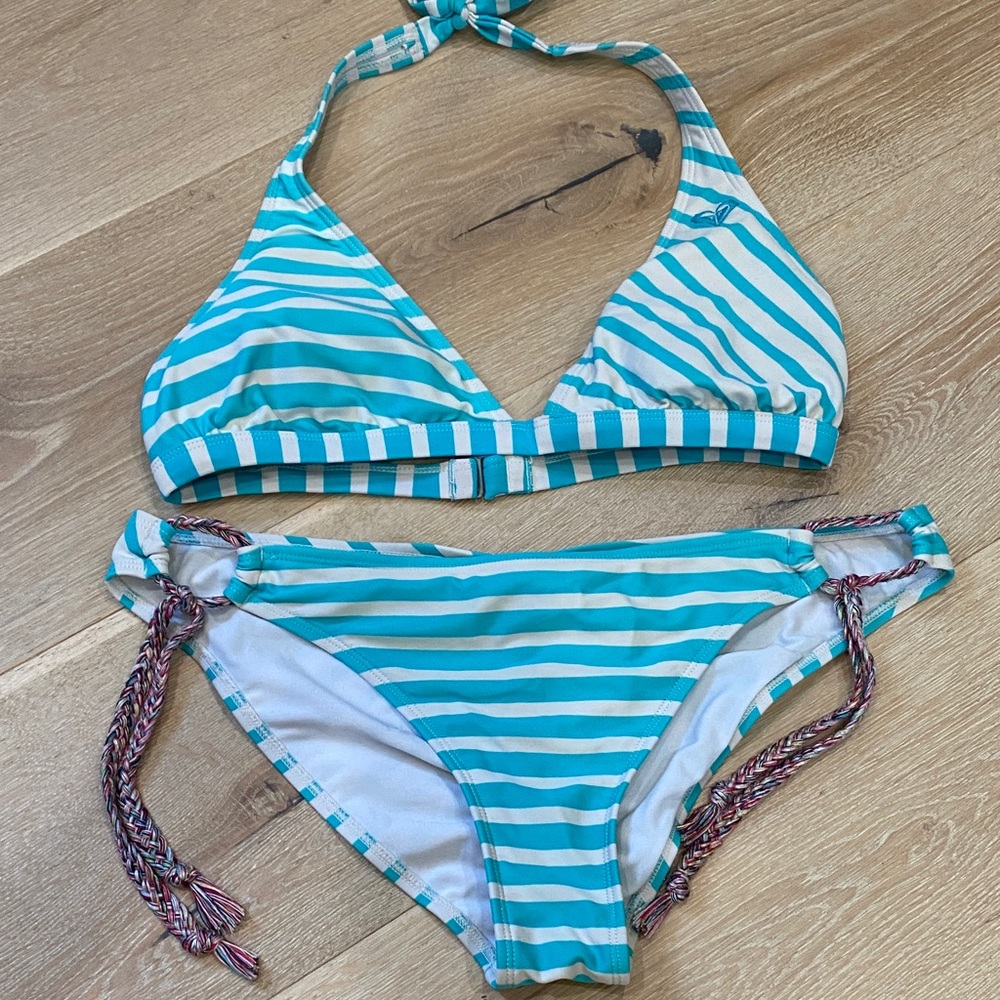 Roxy Turquoise and White Striped Bikini